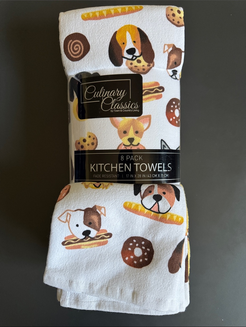 Culinary Classics 8 Piece Kitchen Towel Set Stolen Dog Treat White Yellow Brown